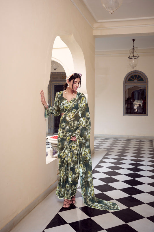 Green color weightless marbal saree for women
