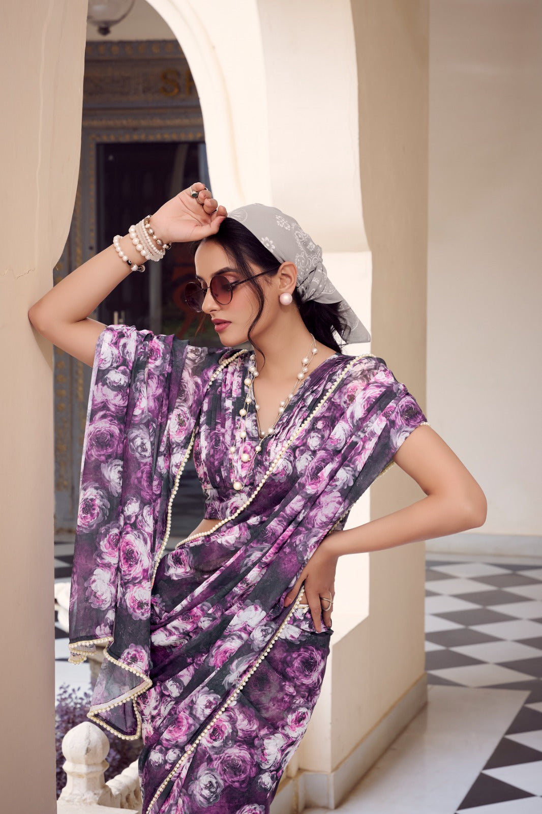 Grey color weightless marbal saree with blouse online