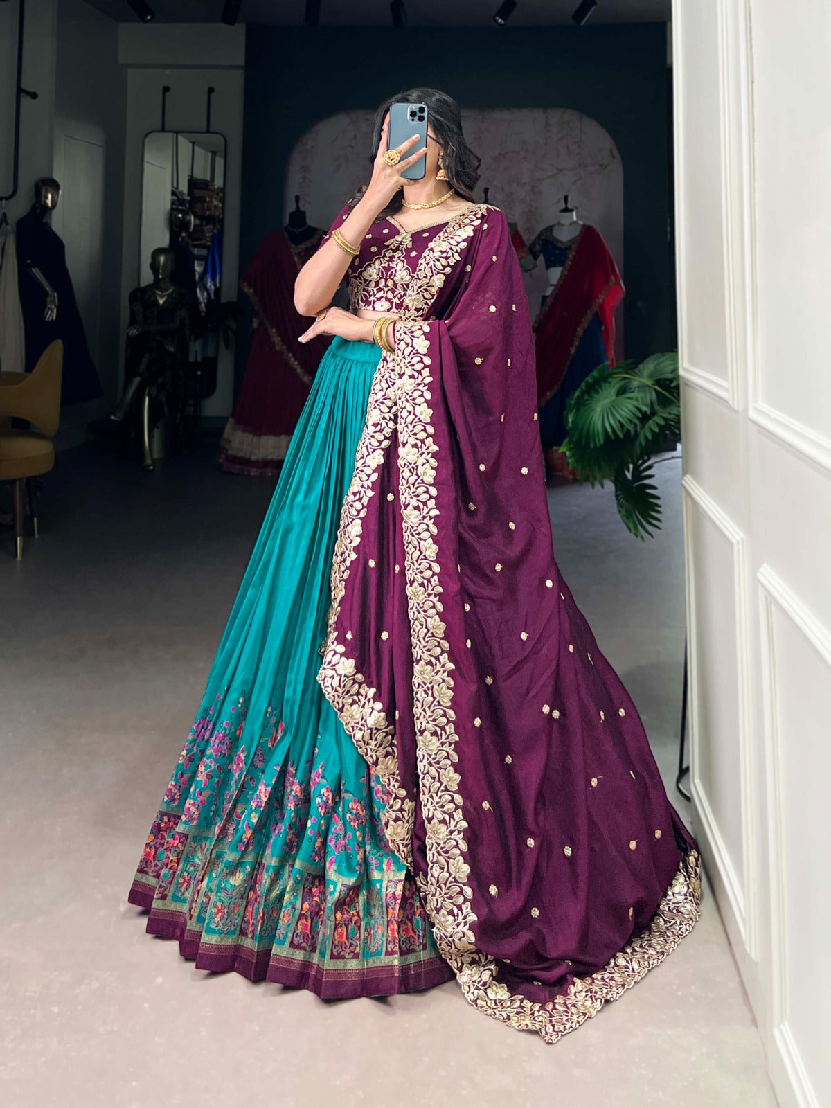 Firozi color vichitra silk lehenga choli with dupatta price