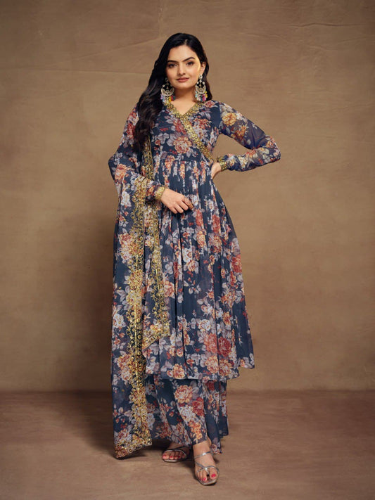 Blue color chiffon sharara suit for women