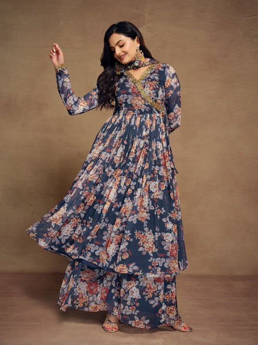 Blue color chiffon sharara suit for wedding