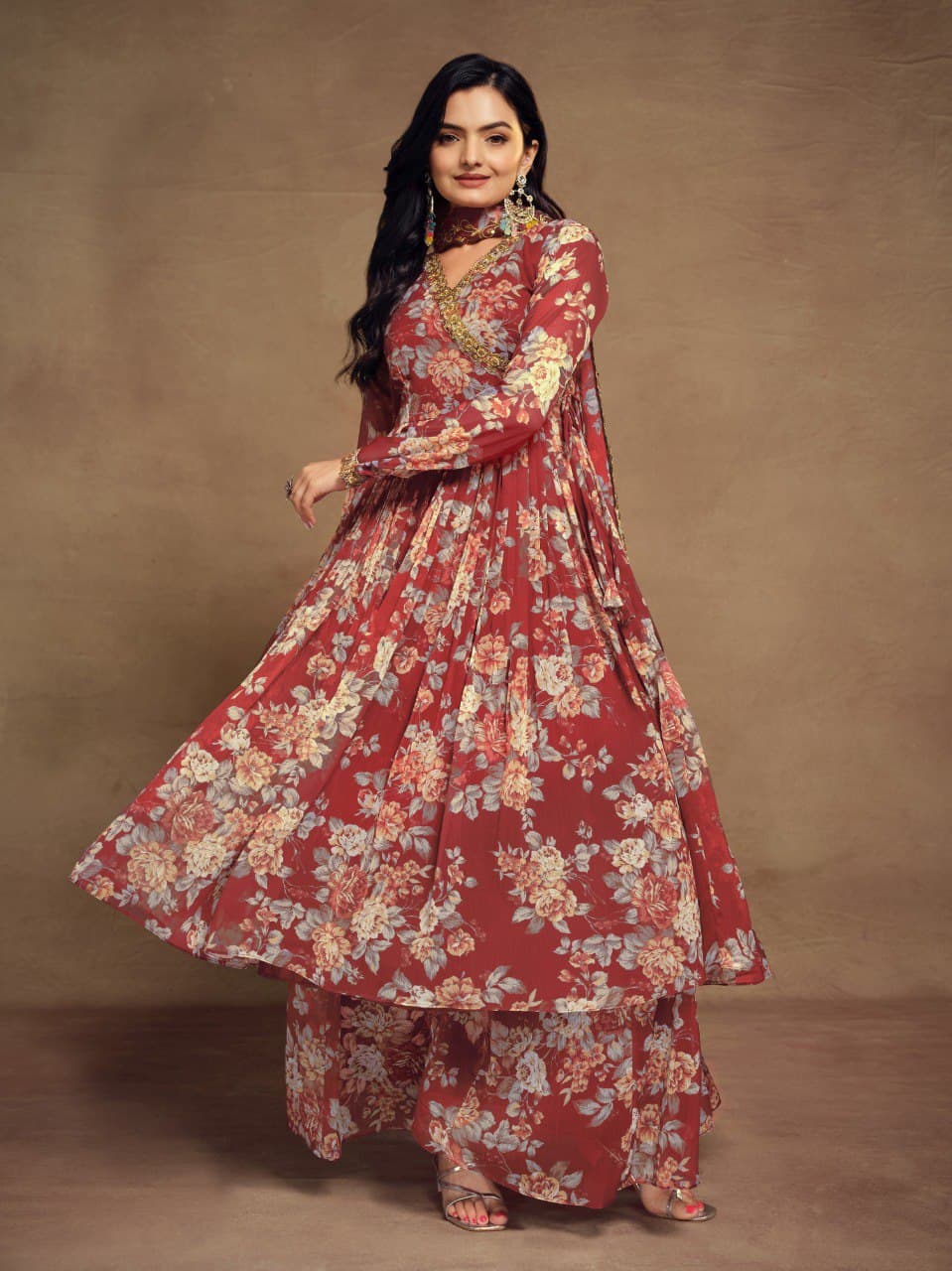 Rust color chiffon sharara suit with dupatta online