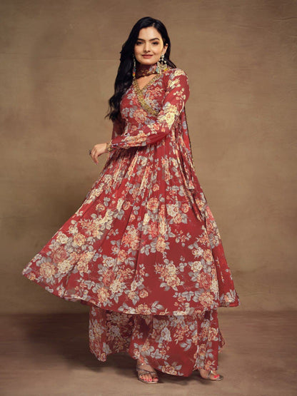 Rust color chiffon sharara suit with dupatta online
