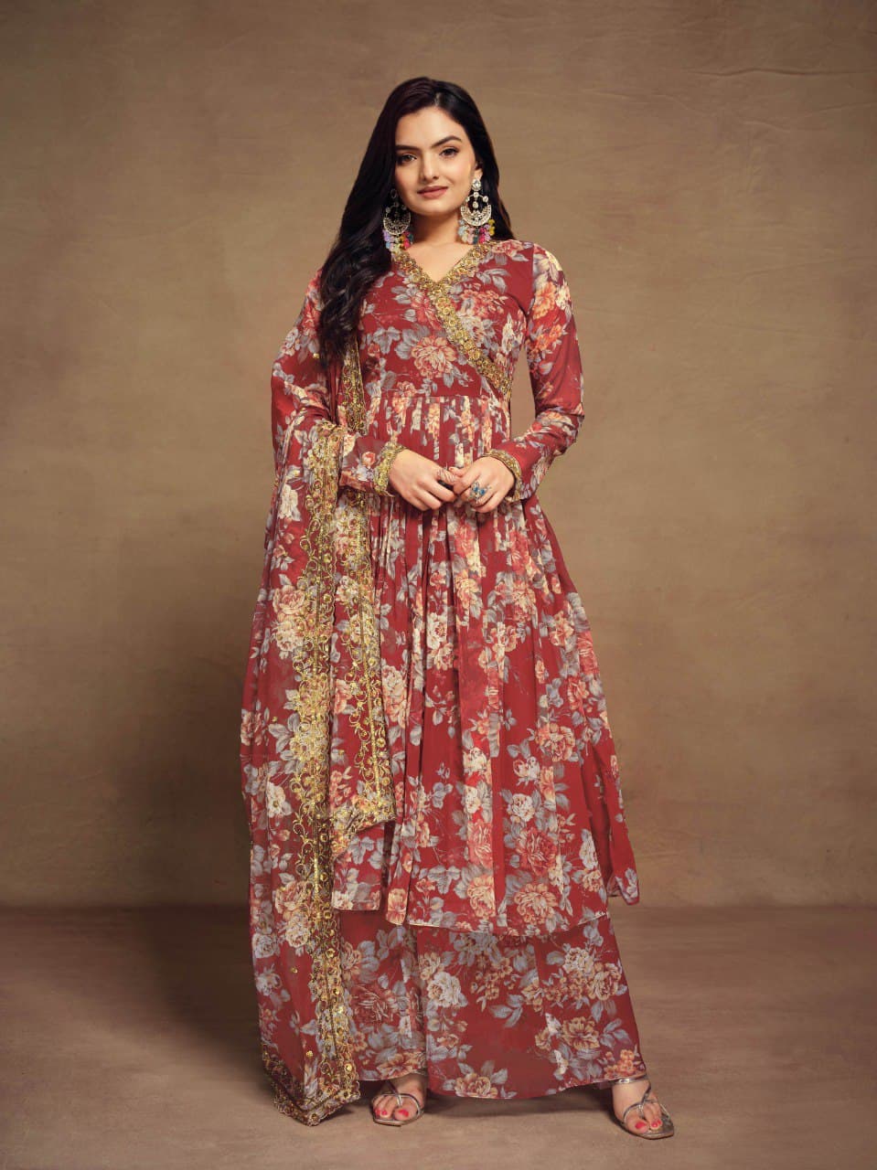 Rust color chiffon sharara suit with dupatta