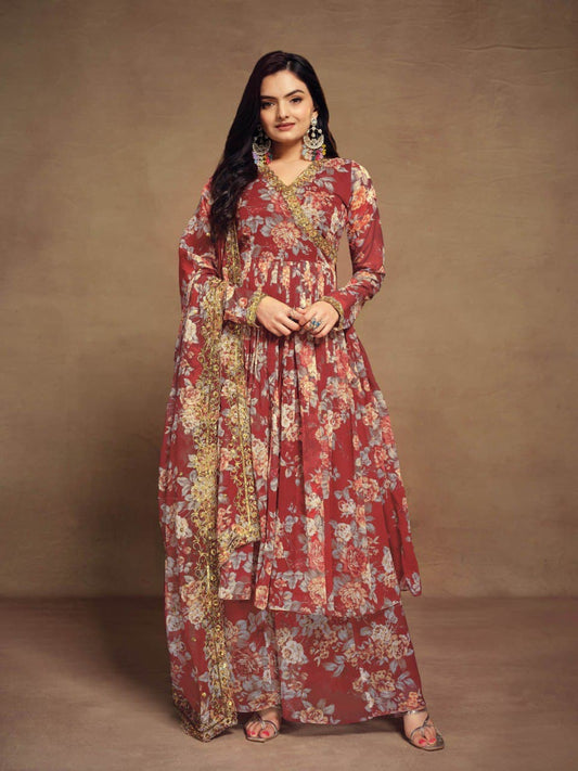 Rust color chiffon sharara suit with dupatta