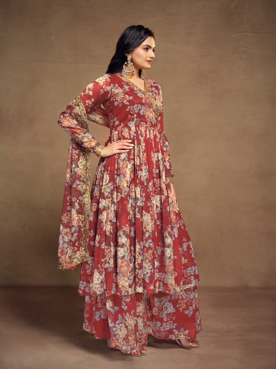 Rust color chiffon sharara suit with dupatta price