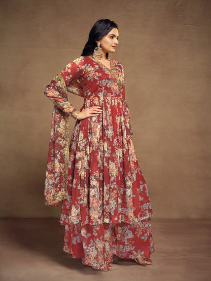 Rust color chiffon sharara suit with dupatta price