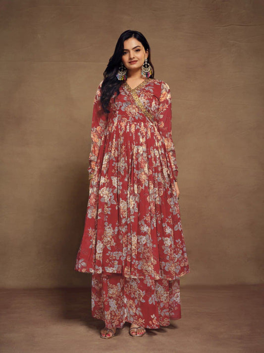 Rust color chiffon readymade sharara suit for women price
