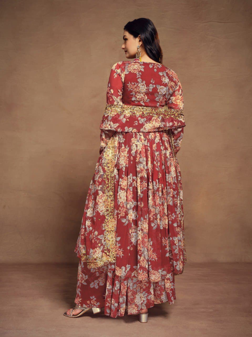 Rust color chiffon sharara suit with dupatta images