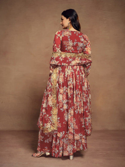 Rust color chiffon sharara suit with dupatta images