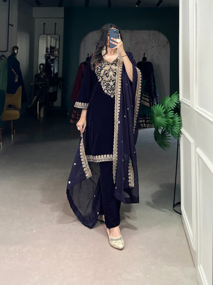Navy blue color velvet salwar suit for women