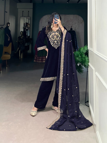 Navy blue color velvet salwar suit for images