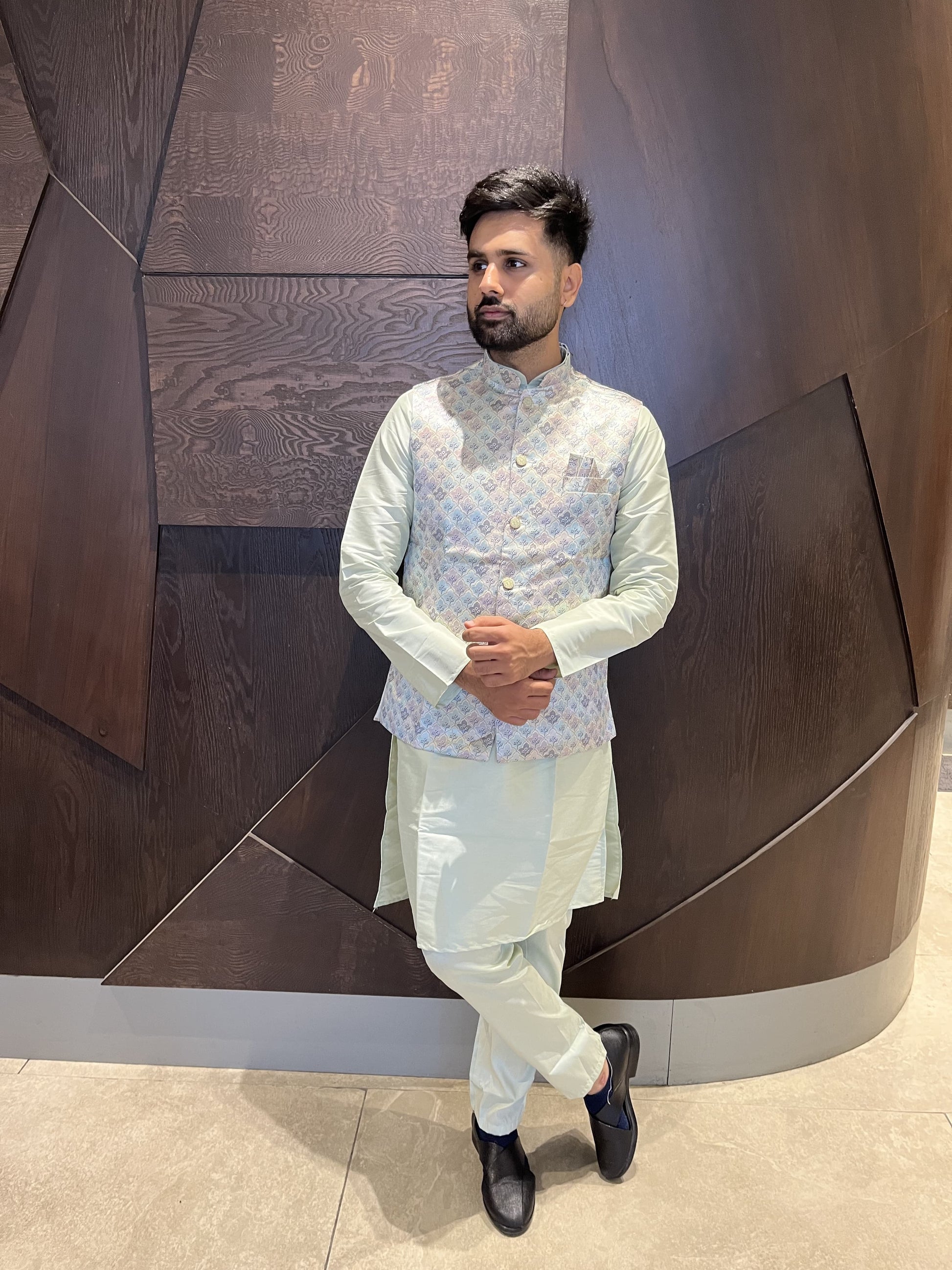 Green color cotton kurta pajama with koti