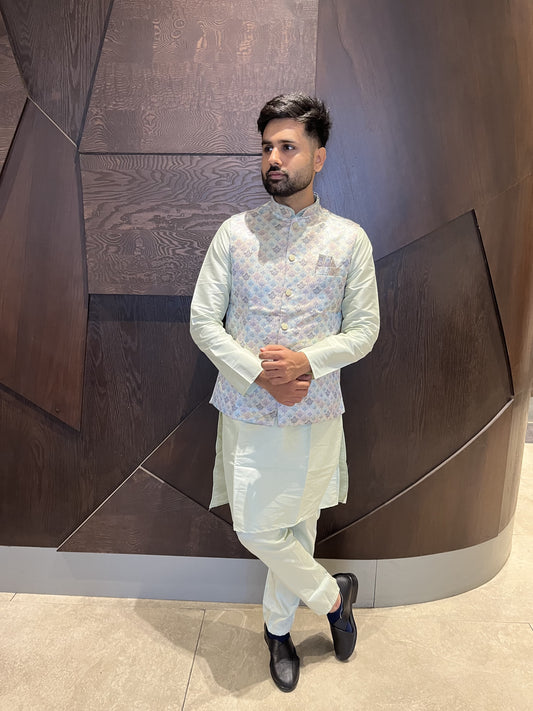 Green color cotton kurta pajama with koti