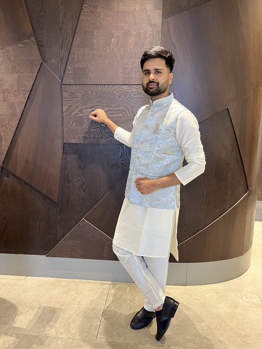 White color cotton kurta pajama with jacket
