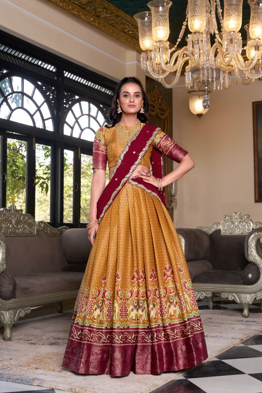 Mustard color kanchipuram lehenga choli 