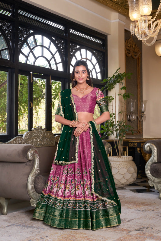 Pink color kanchipuram lehenga choli for women
