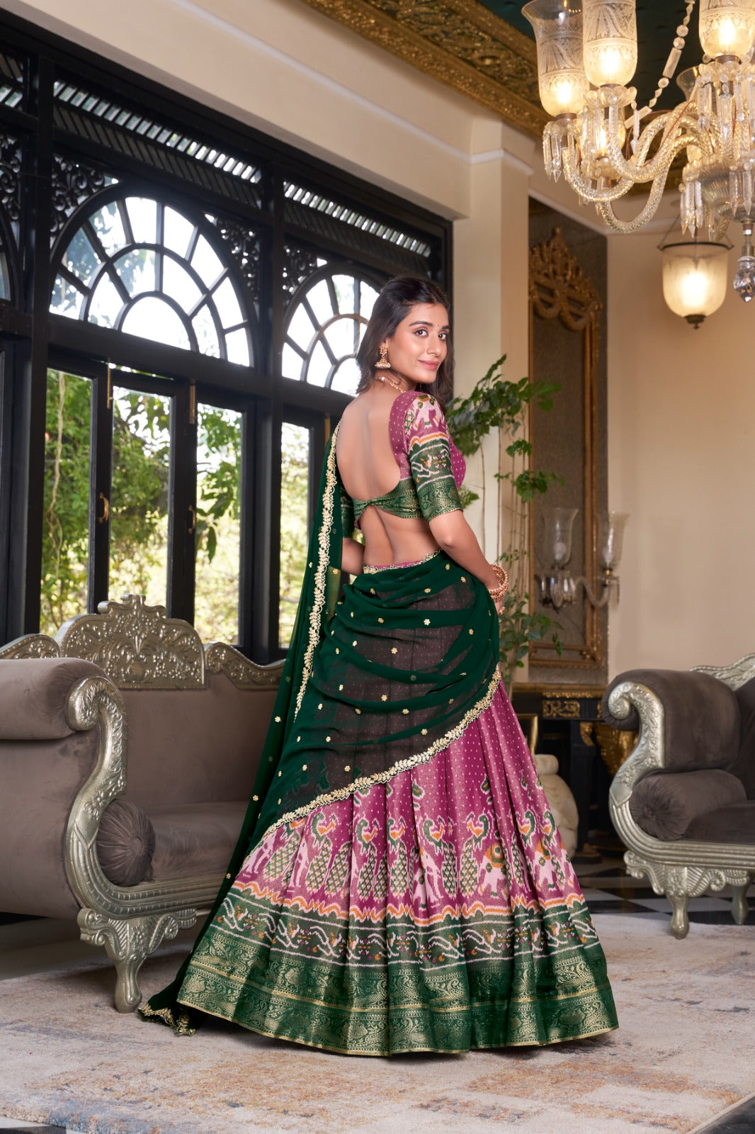 Pink color kanchipuram lehenga choli with dupatta online