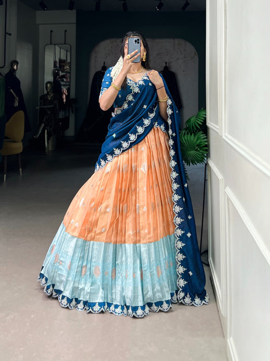 Orange color zari kota lehenga choli for party