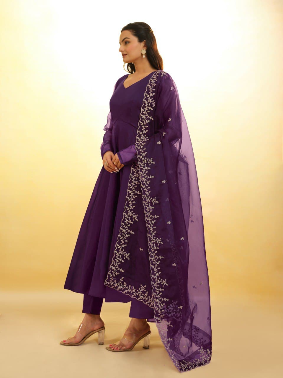 Purple color organza salwar suit with dupatta