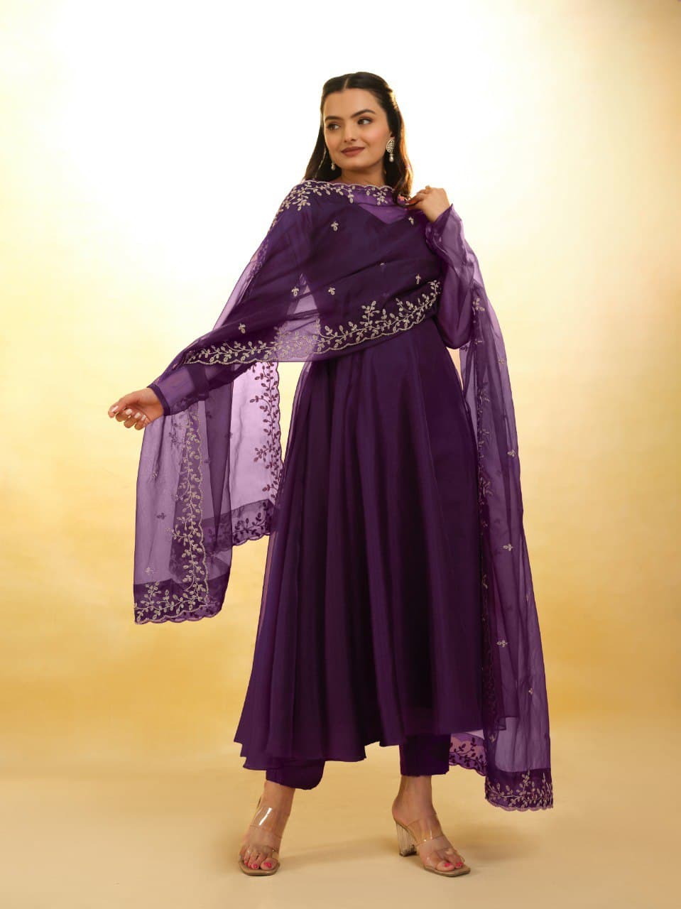 Purple color organza gown with dupatta online