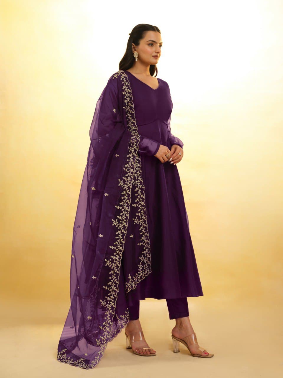 Purple color organza gown with dupatta price