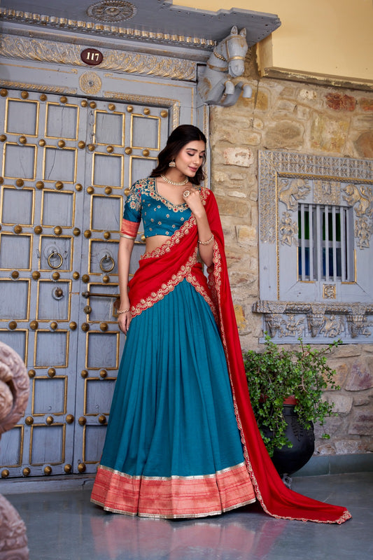 Teal color vichitra silk lehenga choli for women