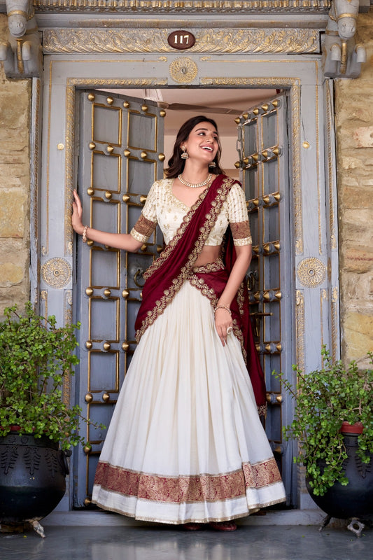 Off white color vichitra silk lehenga choli for women