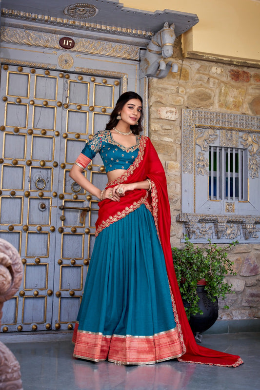 Teal color vichitra silk lehenga choli for wedding 