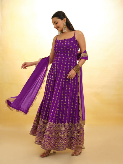 Purple color georgette gown with dupatta images