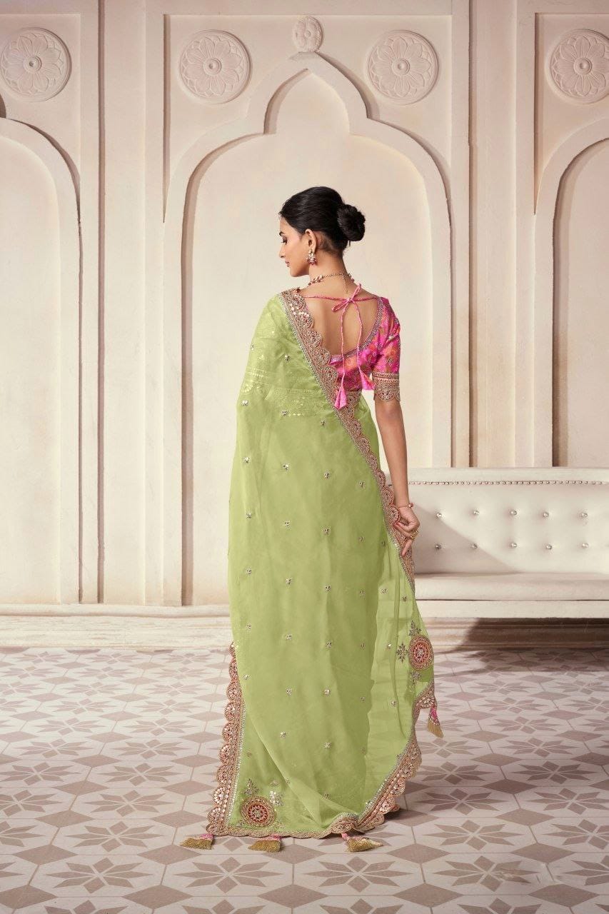 Green color organza saree with blouse online