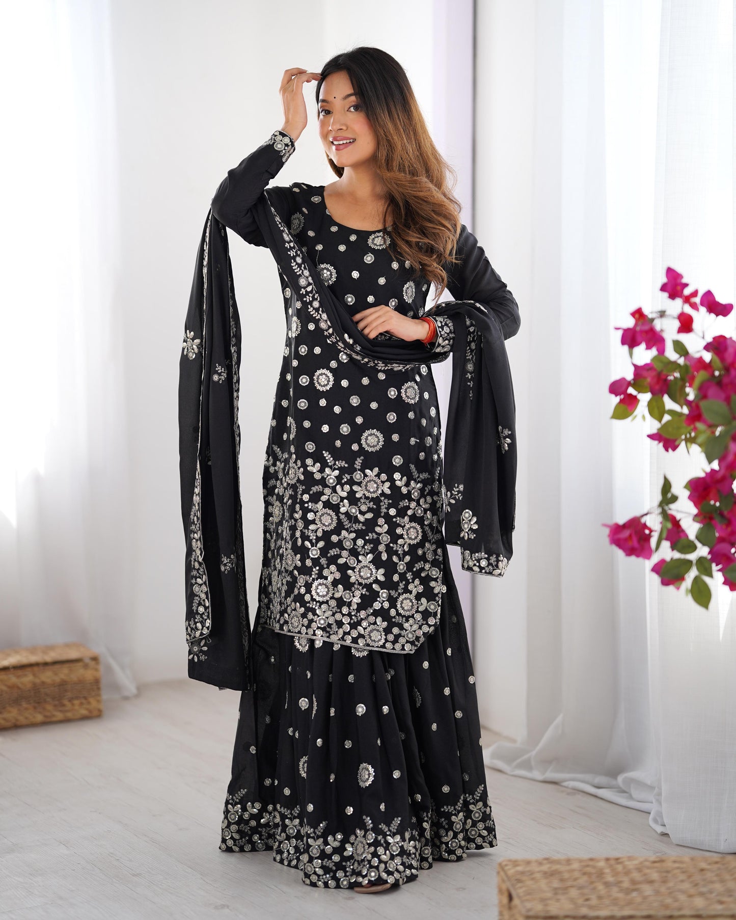 Black color star georgette sharara suit with dupatta