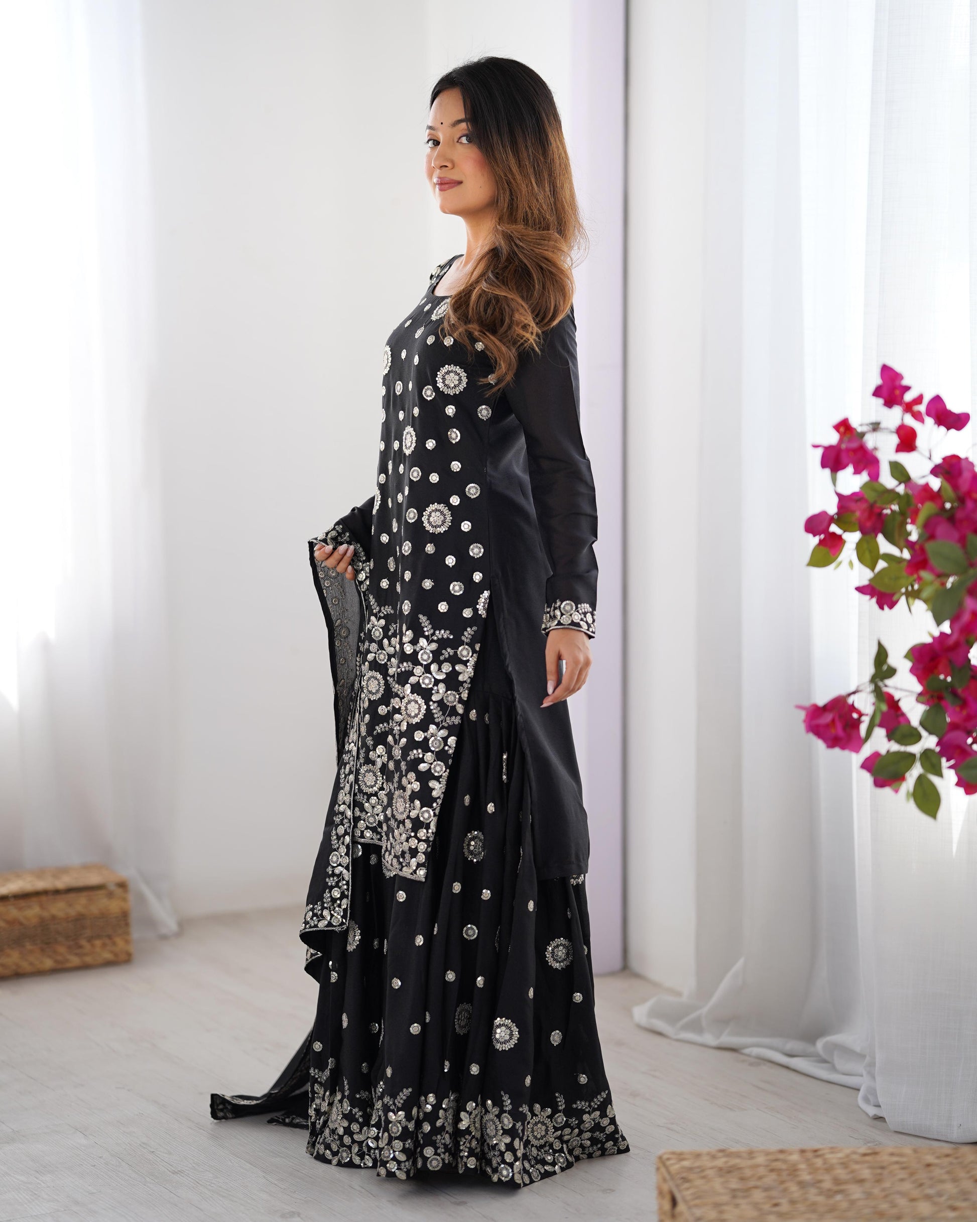 Black color star georgette sharara suit for party