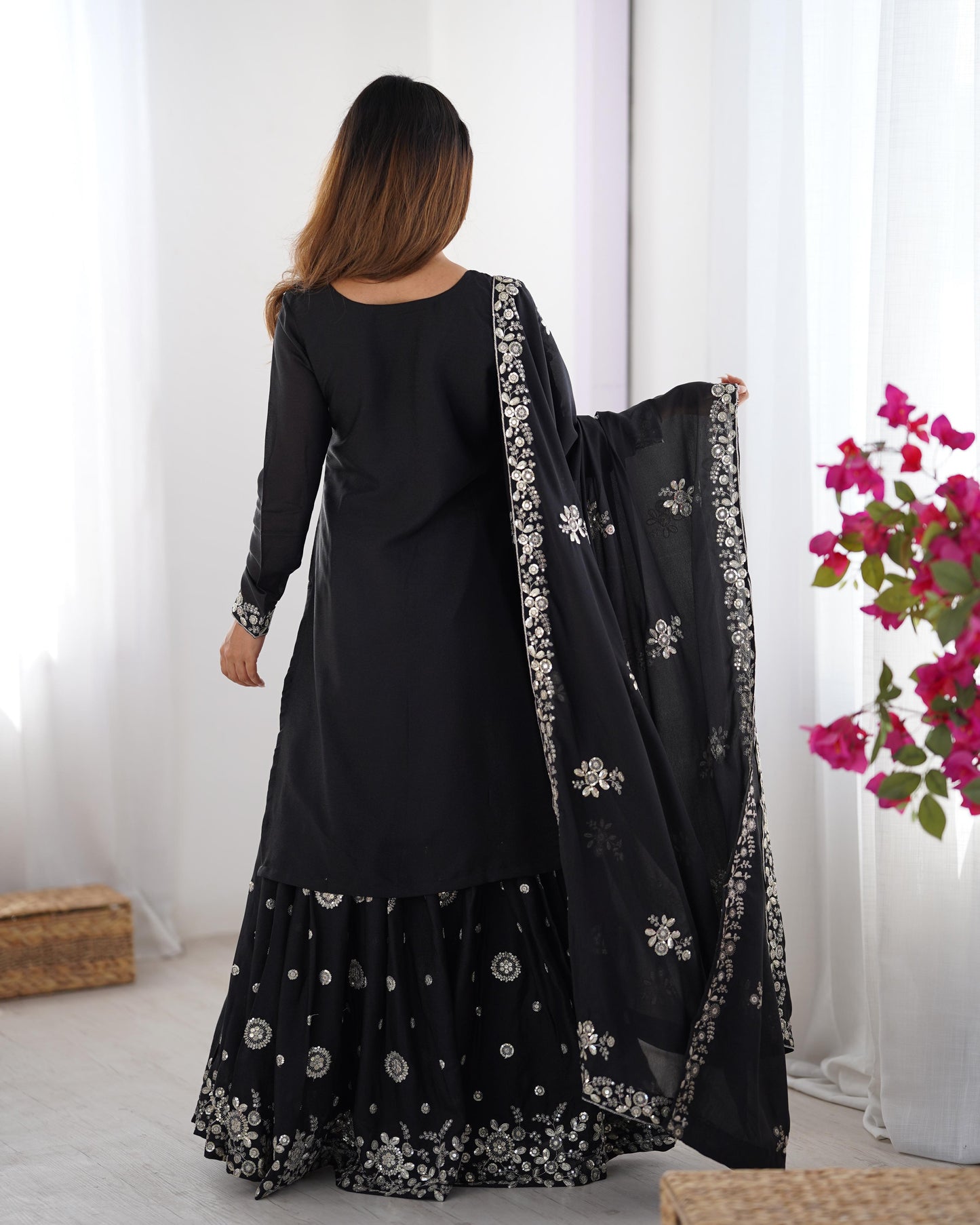 Black color star georgette sharara suit with dupatta price