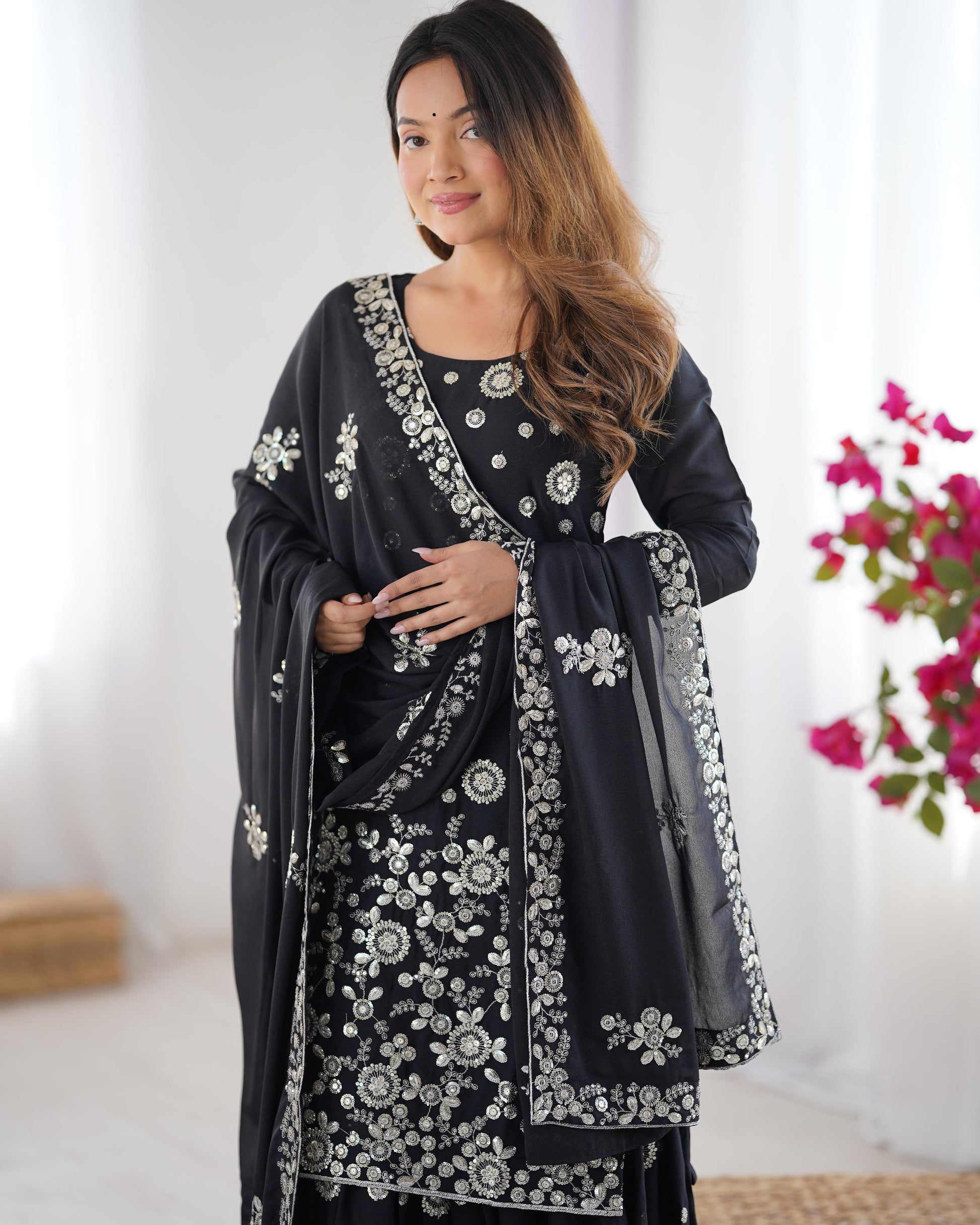 Black color star georgette sharara suit with dupatta online