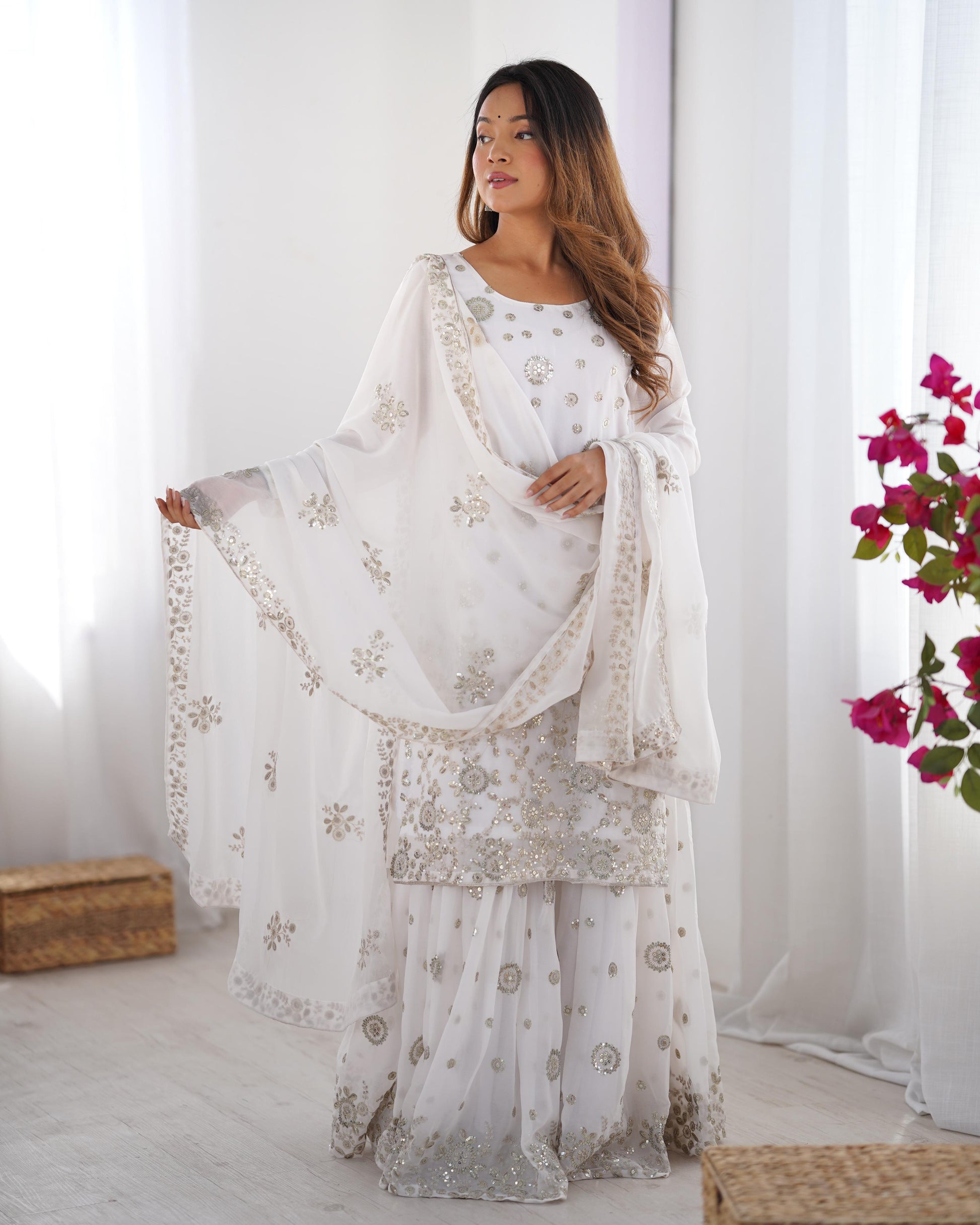 Charming White Color Star Georgette Sharara Suit For Eid Ragthm Charming White Color Star Georgette Sharara Suit For Eid Ragthm