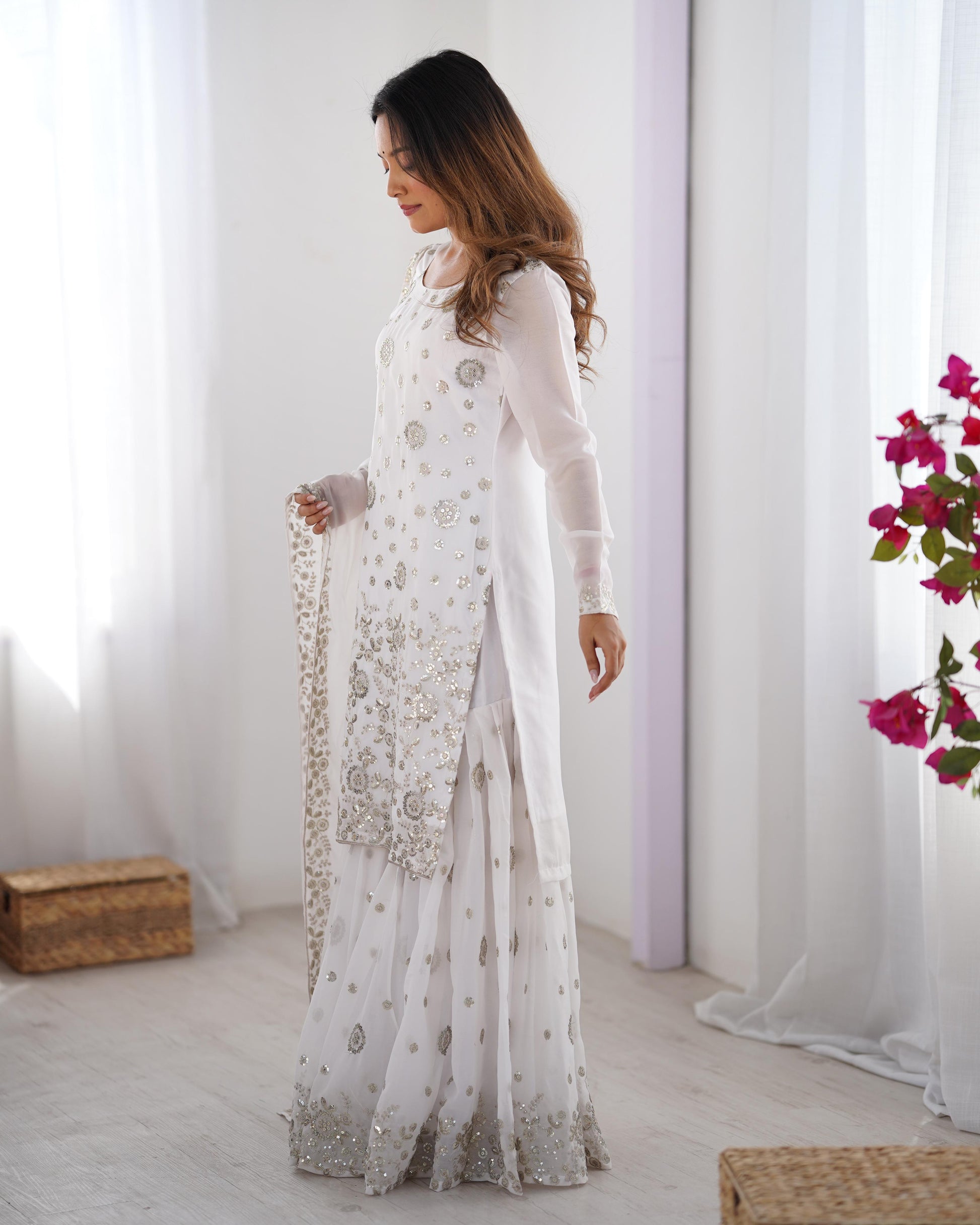 White color star georgette sharara suit with dupatta