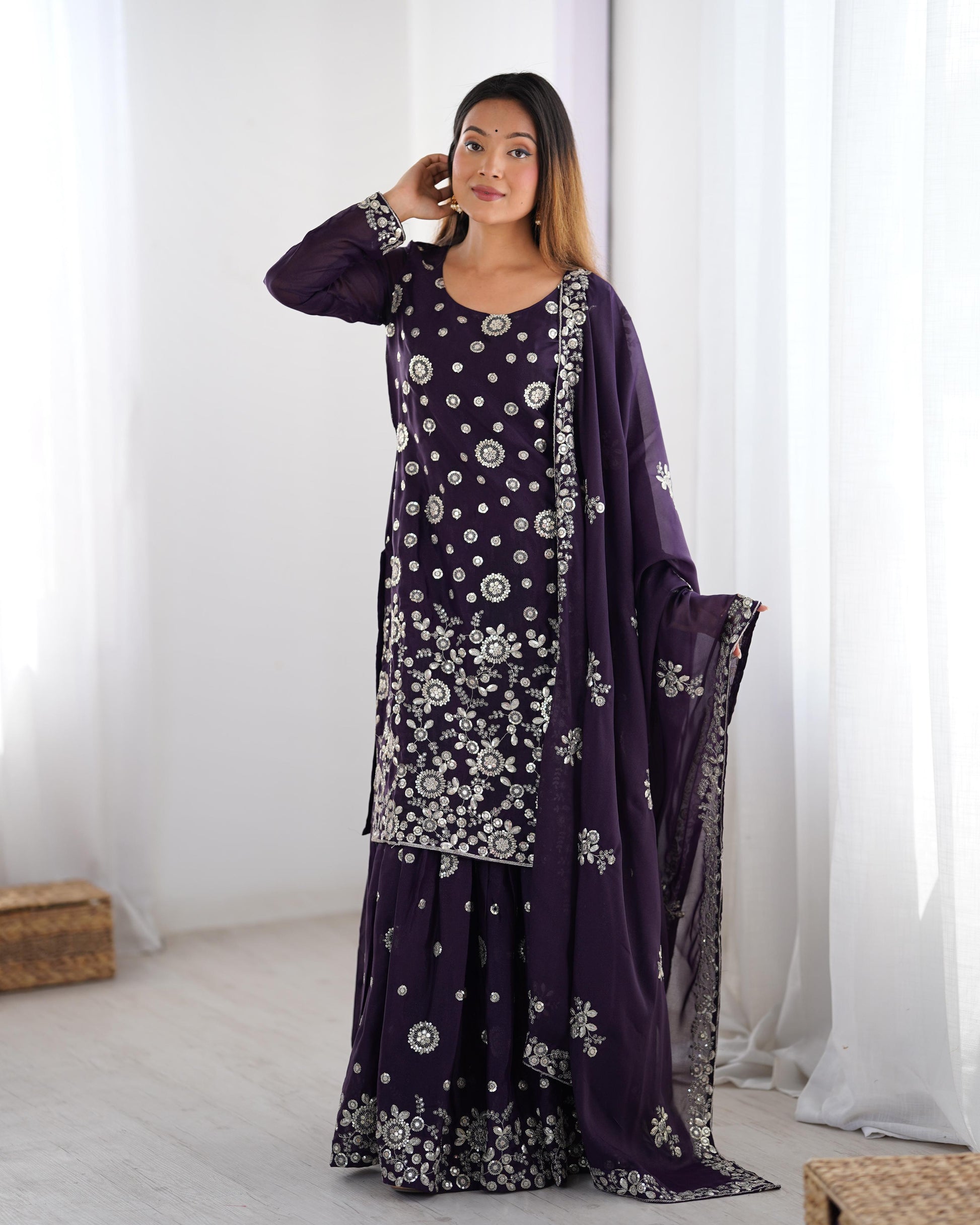 Purple color georgette sharara suit for women