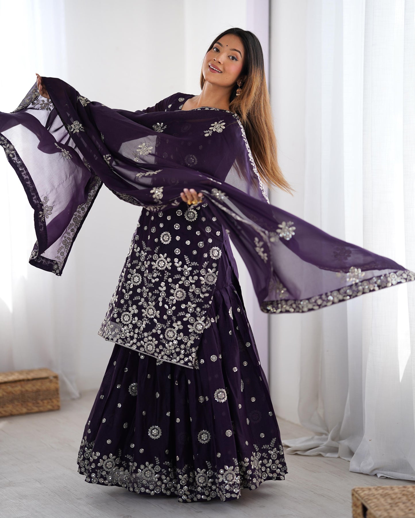 Purple color georgette sharara suit with dupatta images