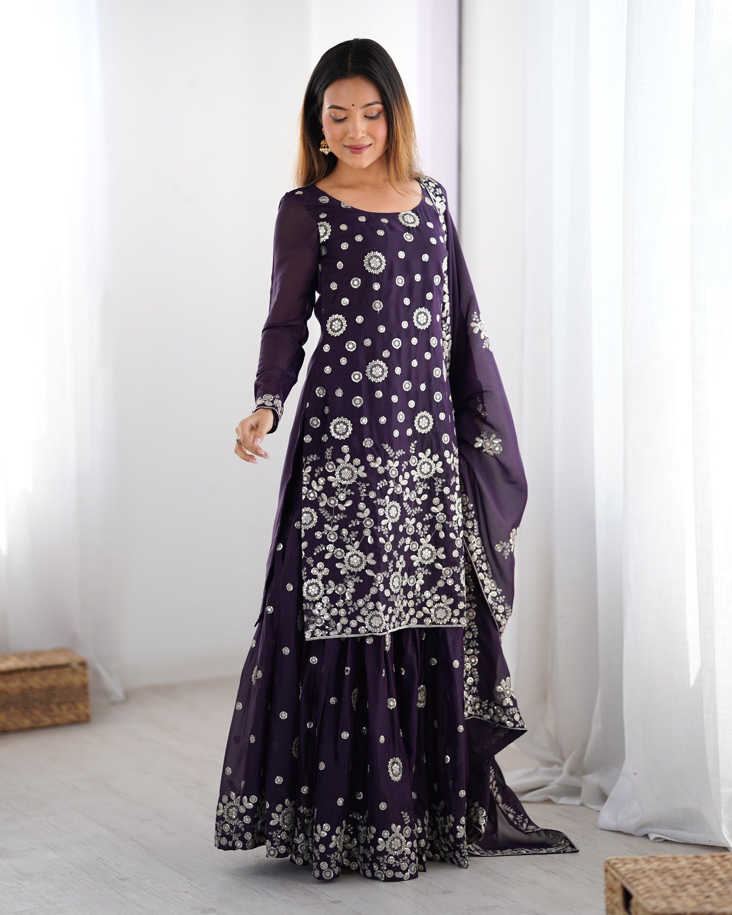 Purple color georgette sharara suit for party