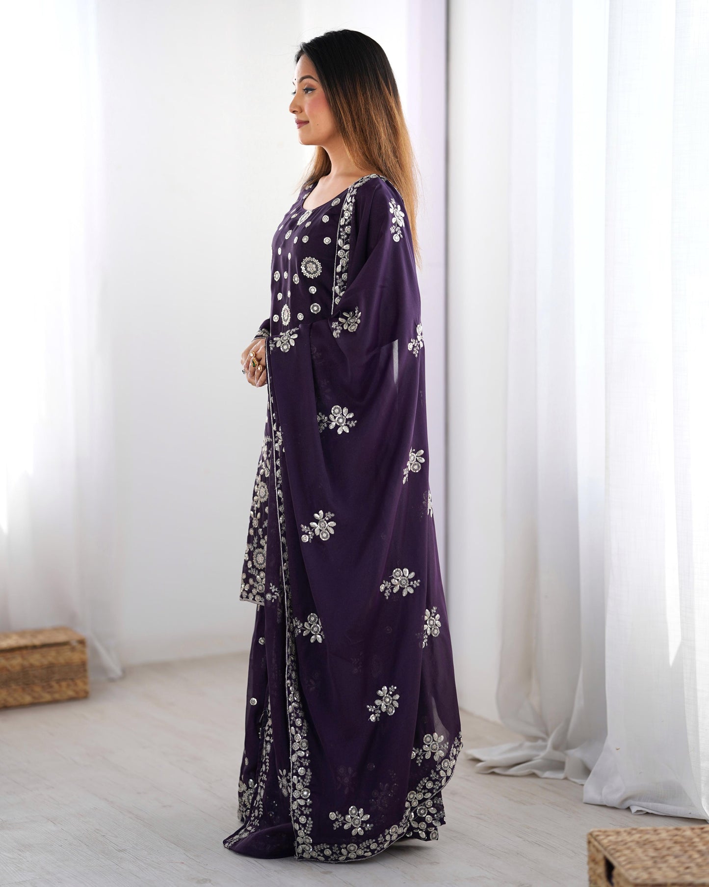 Purple color georgette sharara suit with dupatta price