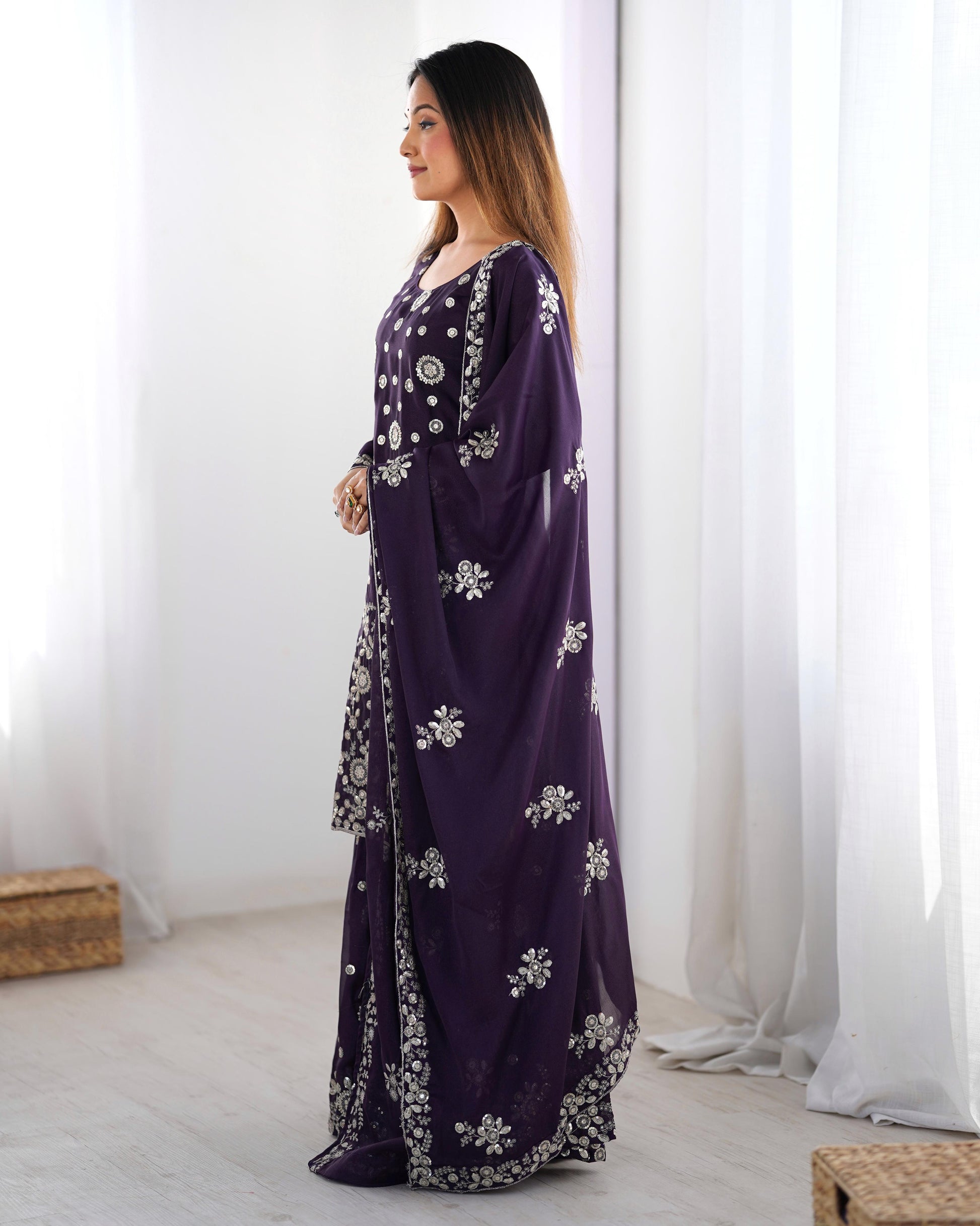 Purple color georgette sharara suit with dupatta price