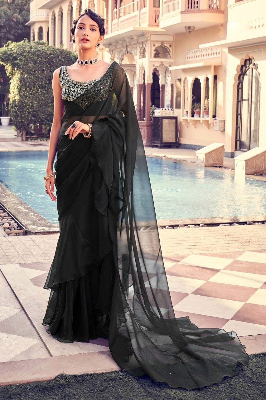 Black color organza saree for women