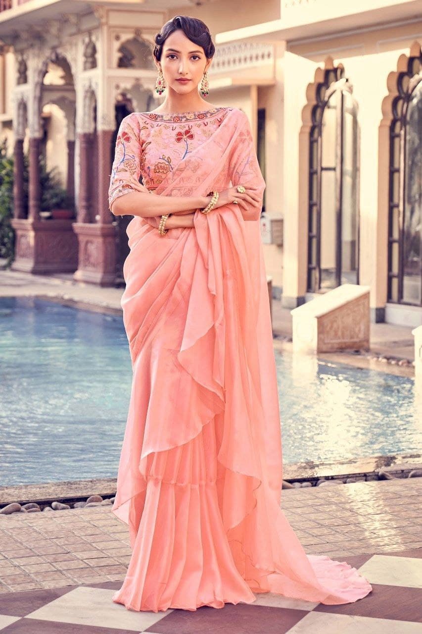 Peach color organza saree for women