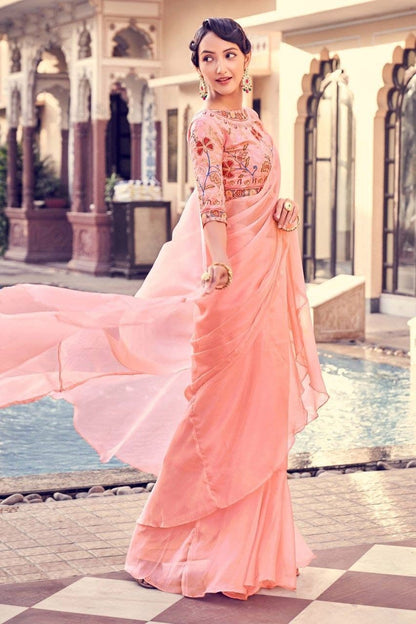 Peach color organza saree with blouse online