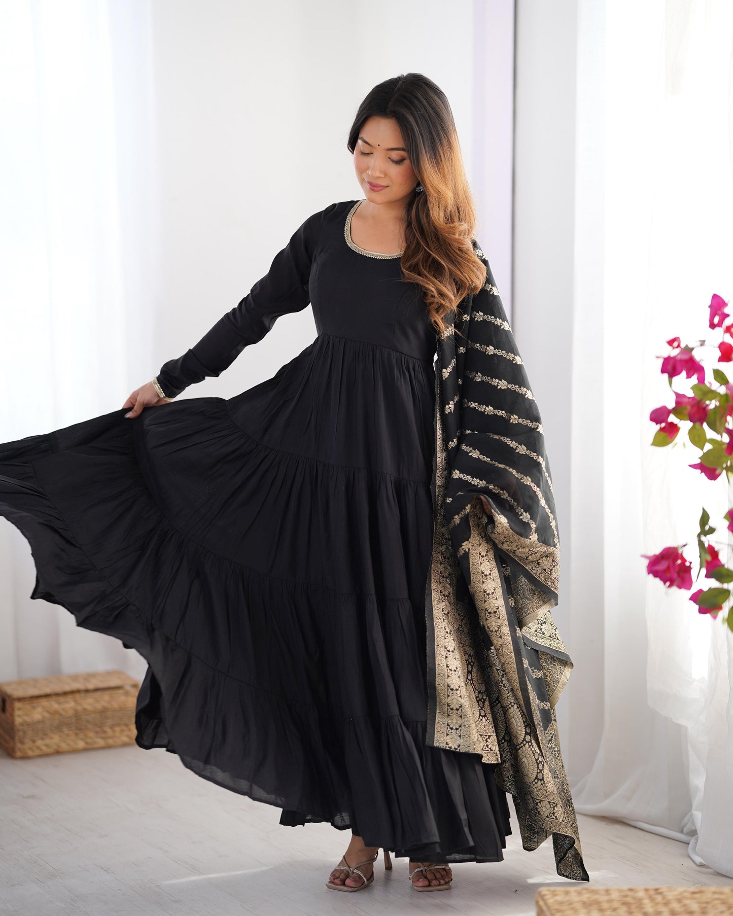 Black color roman silk chanderi gown for party