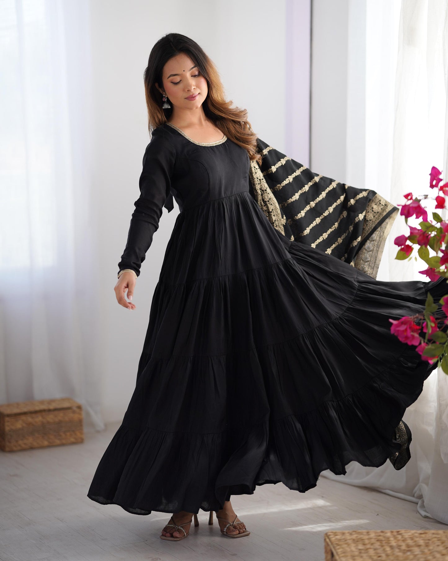 Black color roman silk chanderi gown 