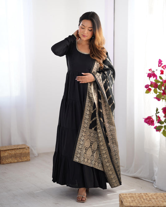 Black color roman silk chanderi gown with dupatta price