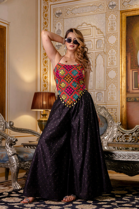 Black color banglori silk sharara suit for navratri