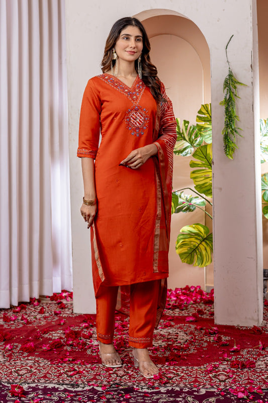 Orange color viscose silk salwar kameez for women with dupatta
